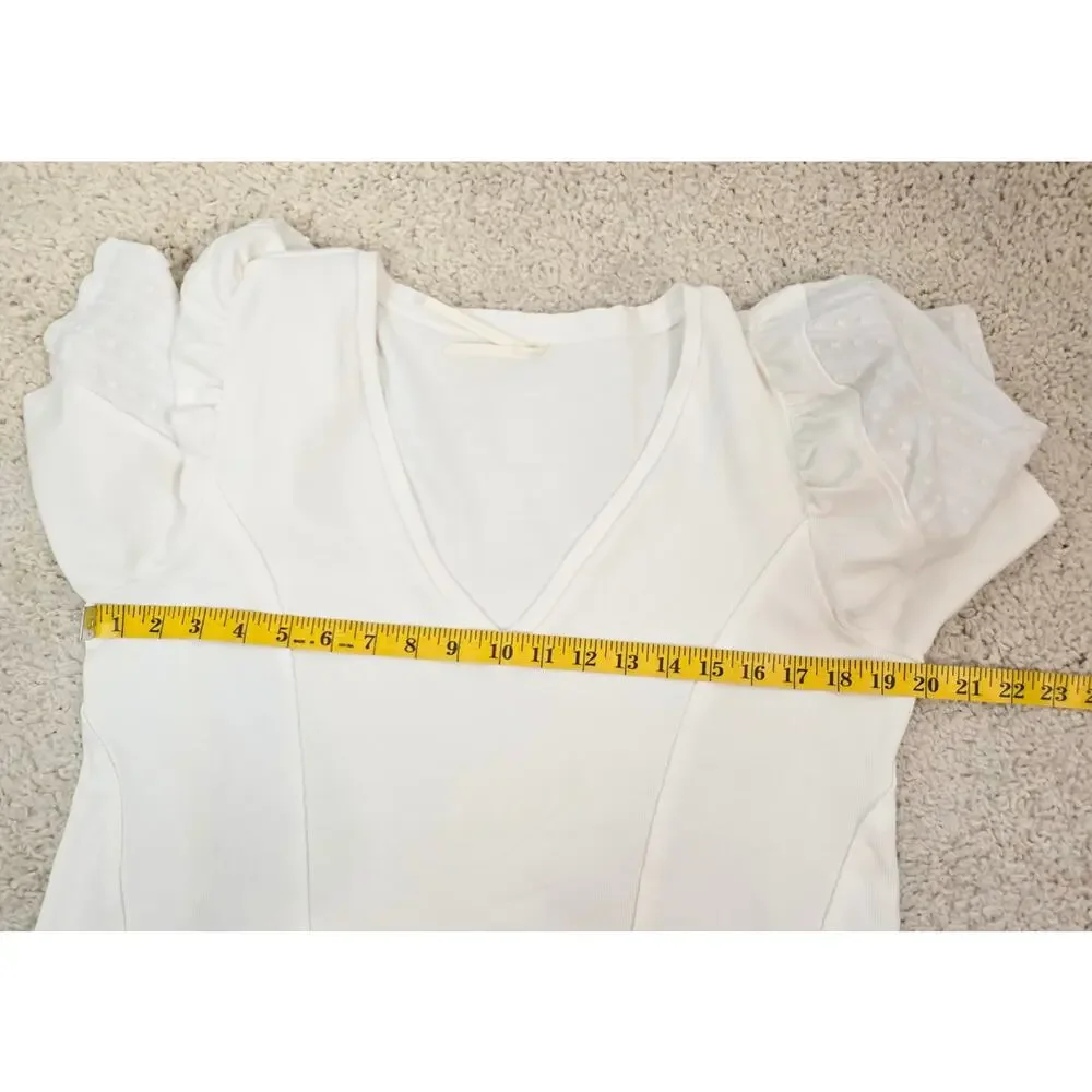 Anthropologie Puff Sleeve Structured V Neck Top Ivory Women XL Boho Cottagecore